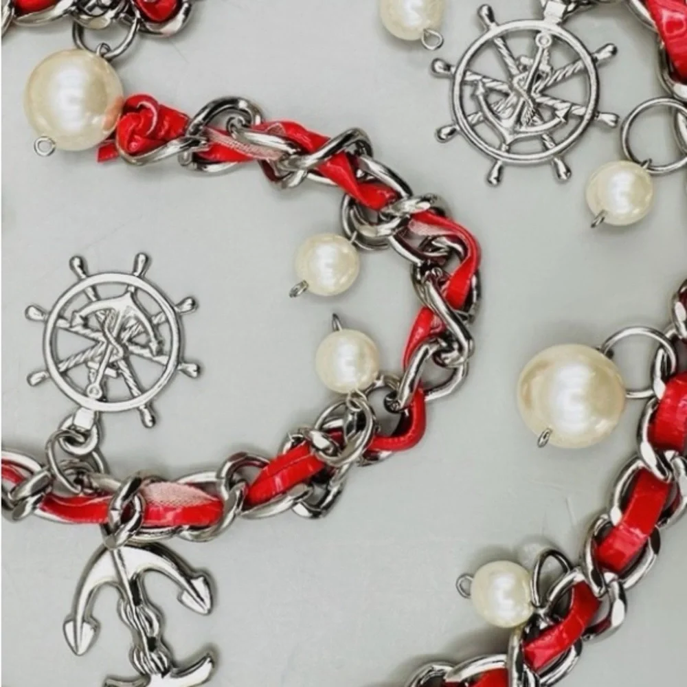 ⚓️Vintage Nautical Charm Silver Link Chain Red Leather Belt Anchor Rolfs